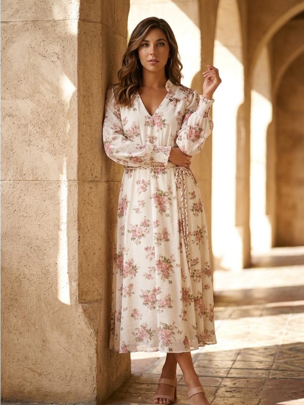 Cream Floral Midi Dress with Pink Roses - Timeless V-Neck Wrap